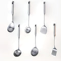 316 Stainless Steel Cooking Tool Set: saute pan spatula ladle, skimmer slotted, pasta, serving spoon, slotted spatula seasoner, dishwasher safe.