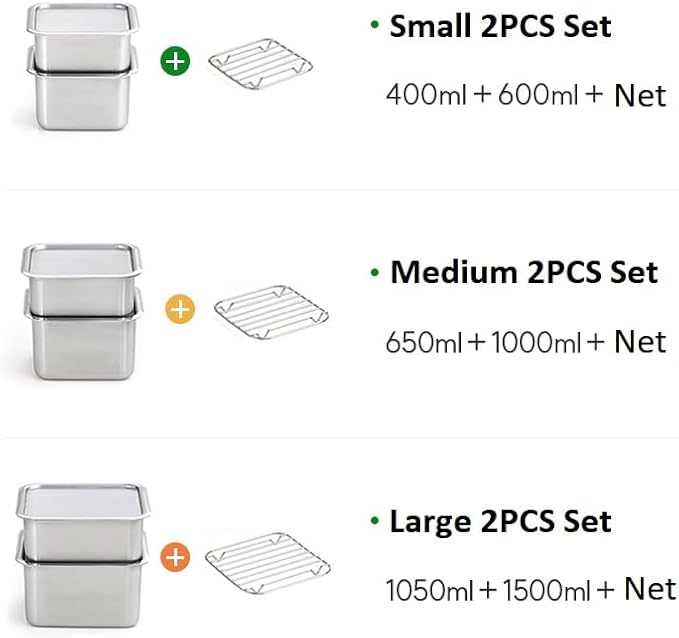 CuBE Medium 2PCS Set 1000ml 650ml Stainless Steel Food Storage Containers With Lids and a Net Kitchen Appliances Dishwasher Safe Premium South Korea
