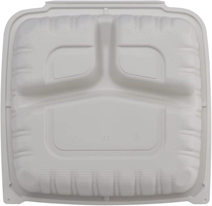 TIYA Clamshell Food Containers - 3-Compartment To-Go Containers - Microwavable Plastic with Hinged Lid - Great for Meal Prep (Bulk 150 Pack, White, 9x9 in) - BPA-Free