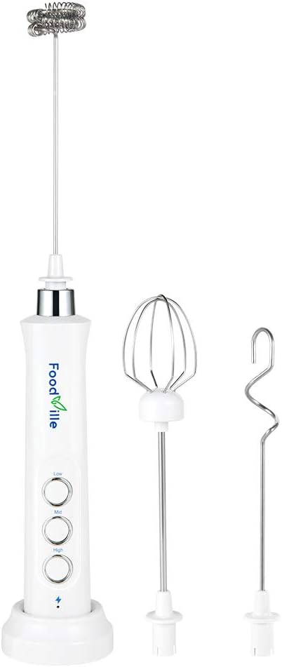 MF09 3 in 1 Rechargeable Milk Frother Handheld Foam Maker with Charging Stand & 3 Stainless Steel Whisks (White without Case)