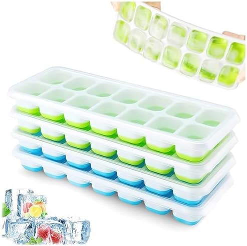 Ice Cube Trays 4 Pack, Airabc Silicone with Removable Lid, Easy-Release Flexible 14-cube Trays, LFGB Certified and BPA Free, Stackable Covers for Cocktail, Freezer