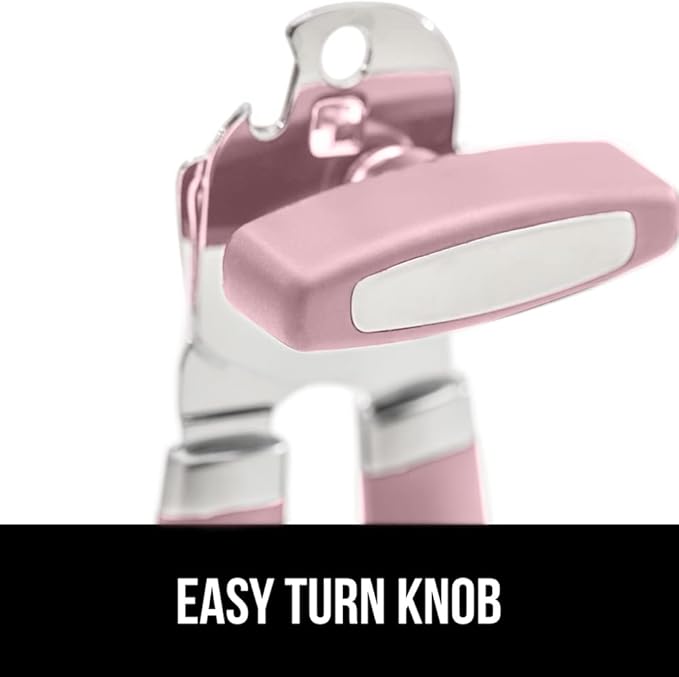 GORILLA GRIP Heavy Duty Stainless Steel Smooth Edge Manual Can Opener and Bottle Openers, Soft Comfortable Handle, Oversized Handheld Turn Knob, US Designed Multifunctional Kitchen Tool, Pink