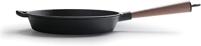 LI-GELISI Pre-Seasoned Cast Iron Round Griddle Cast Iron Round Frying Pan Wooden Handle 8.6 Inch