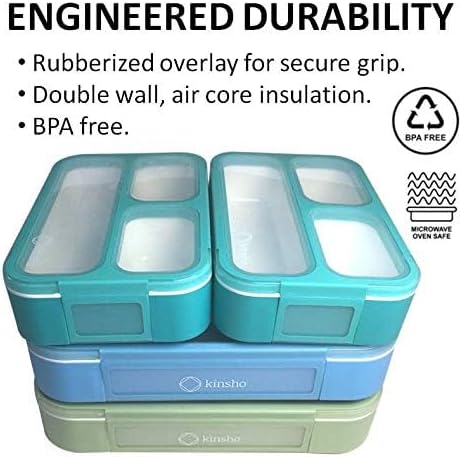 kinsho Bento-Box Lunch and Snack Boxes. Family Pack of 4 Meal Planning Portion Containers For Kids, Women, Adults. BPA Free. Utensils, Blue & Green Set (2 large + 2 Mini)