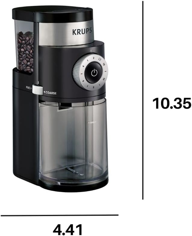 KRUPS Precision Burr Coffee Grinder: 12 Settings, 8 oz Capacity for Drip, French Press, Espresso, Pour Over, Cold Brew - Stainless Steel, 110W, Auto-Stop, Easy Clean - Coffee Grinders for Home Use