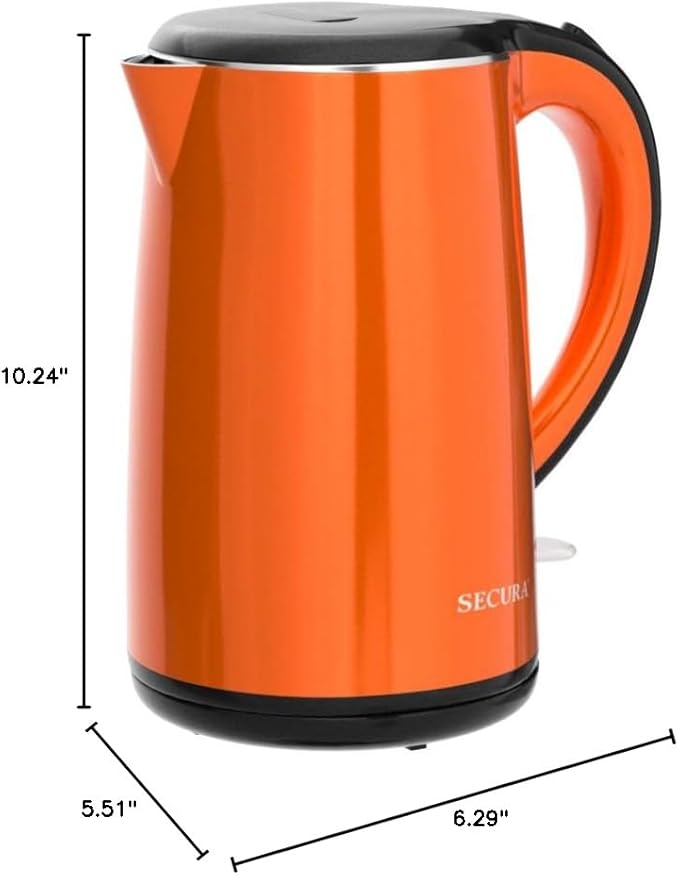 Secura Original Stainless Steel Double Wall Electric Water Kettle 1.8 Quart with Auto Shut-Off & Boil-Dry Protection, Orange SWK-1701DO/HB-3227B