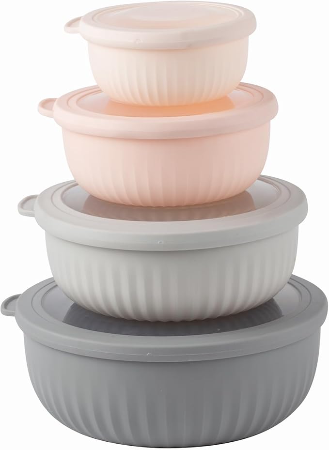 COOK WITH COLOR Prep Bowls with Lids- Wide and Deep Nesting Plastic Small Mixing Bowl Set with Lids, 8 Piece Set - Wide Bowls, Grey/Pink