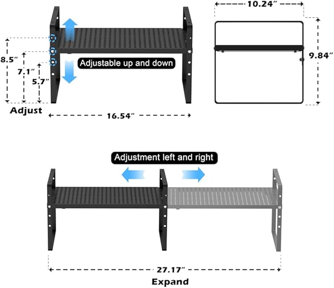 Expandable Kitchen Cabinet Shelf Organizers, Stackable Metal Pantry Storage Shelves Rack, Adjustable Counter Spice Shelf for Cabinets, Countertop, Cupboard, 2 Pack, Black