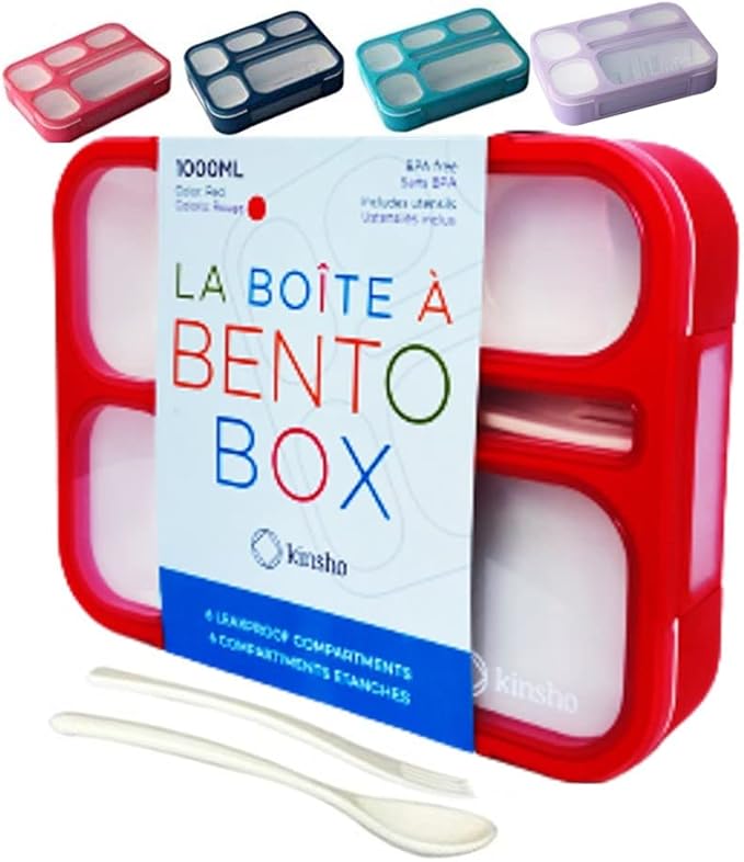 kinsho Bento Box Kids Lunch-Box, Snack Containers for Toddler Daycare, Leakproof School Bentobox 6 Compartment Container for Boys Girls Adults Lunches, Utensils, Red