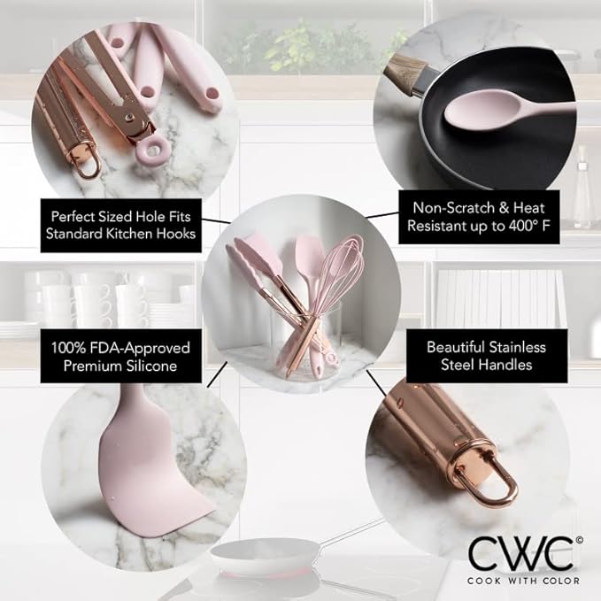 COOK WITH COLOR Silicone Cooking Utensils, Kitchen Utensil Set, Easy to Clean Silicone Kitchen Utensils, Cooking Utensils for Nonstick Cookware, Kitchen Gadgets Set, Standard, Pink