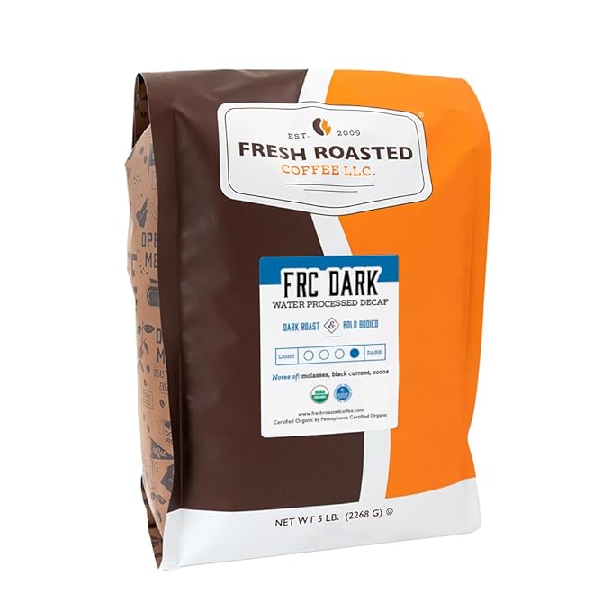 Fresh Roasted Coffee, Organic FRC Dark Water-Processed Decaf | USDA Organic, Kosher | Dark Roast 5 lb (80 oz) Whole Bean