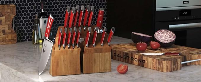 DALSTRONG Gladiator Series Elite-18pc Stainless Steel Knife Set with Block-High Carbon German Steel-Acacia Wood Block-Knife Set w/Red Handles-NSF Certified-Men's Valentines Gift