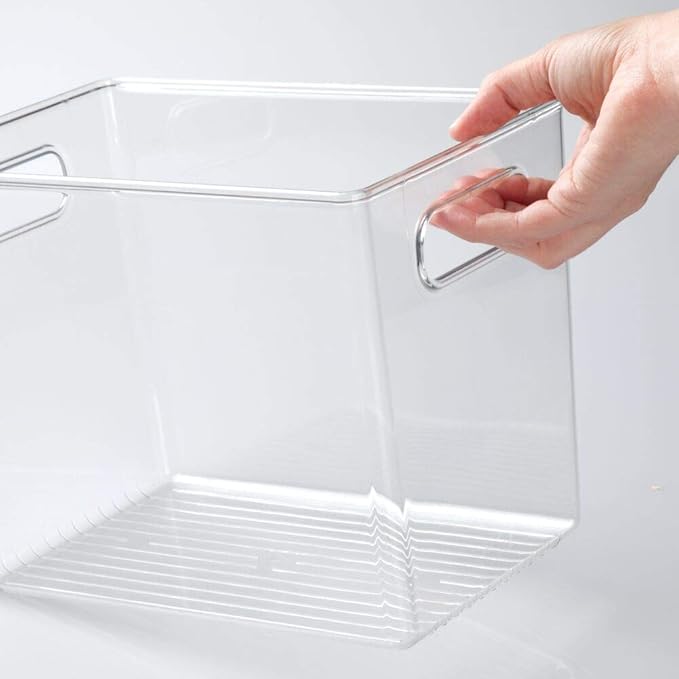 mDesign Plastic Deep Bathroom Storage Bin with Handles for Organizing Soaps, Shampoos, Conditioners, Body Wash, Serums, Oils, Supplements, Hair Styling Accessories, Ligne Collection - Clear