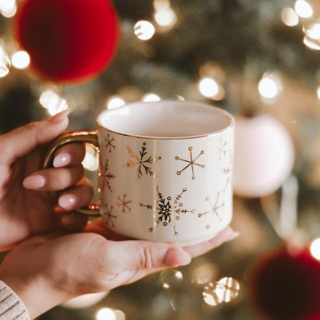 Sweet Water Decor Gold Snowflake Coffee Mug, 14oz China Christmas Mug with Gold Handle, Large Holiday Winter Cup for Coffee, Tea & Hot Chocolate, Stocking Stuffer Gifts for Women