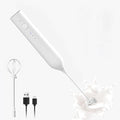 Rechargeable Milk Frother by ELMWAY, 3 Speed Electric Milk Frother Handled with Wand and Egg Whisk Attachments, for Coffee, Matcha and Protein Powder (White without Stand)
