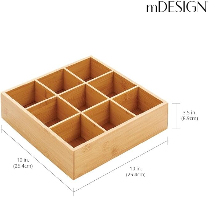 mDesign Bamboo Kitchen Pantry Storage Organizer Box - 9 Divided Sections, Open Top, Decorative Holder for Tea Bags, Snack Packets, Small Items, Accessories, Echo Collection - Natural Wood/Tan