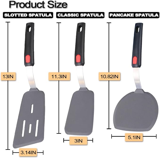 Tenta Tenta Kitchen 3 Pack Flexible Silicone Spatula Turner Set Slotted Fish Spatula-600F Heat Resistant,Wide Slotted Turners Spatulas,Omelet Spatulas for Flipping Eggs,Burgers,Crepes Etc, Grey/Black