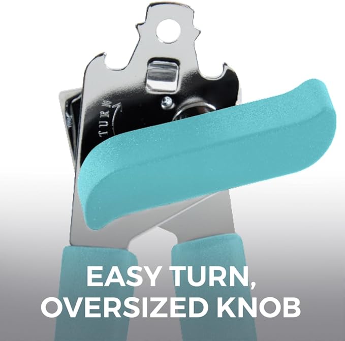 Kitchen Genie Heavy Duty Stainless Steel Manual Can Opener, Strong Blade for Smooth Edge Cuts, Open Cans Easily, Slip-Resistant Ergonomic Handle, Easy Turn Knob, Bottle Openers Included, Teal