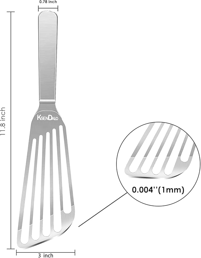 KSENDALO Thin Fish Spatula Stainless Steel -Flexible Slotted Egg Flipper with Angled Blade & Comfortable Hollow Grip, Metal Turner for Fish Egg Omelettes Pancakes, All Cookware, Dishwasher Safe