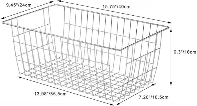 SANNO Freezer Baskets Wire Storage Baskets Closet Organization Baskets Bin Farmhouse Storage Bins Large Organizer Bins for Home, Office, Bathroom, Pantry -Set of 3, Chrome, 15.7"