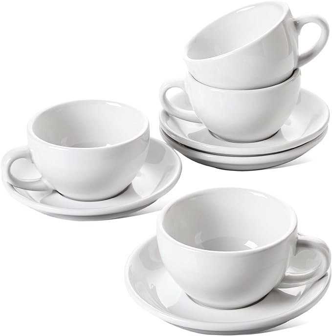 LE TAUCI 8 oz Cappuccino Cups with Saucers, Heavyweight Ceramic Large Coffee Cup for Au Lait, Double shot, Latte, Cafe Mocha, Tea - Dishwasher Safe, Set of 4, White
