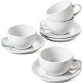 LE TAUCI 8 oz Cappuccino Cups with Saucers, Heavyweight Ceramic Large Coffee Cup for Au Lait, Double shot, Latte, Cafe Mocha, Tea - Dishwasher Safe, Set of 4, White