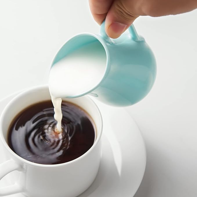 Gurygo 4 Ounce (Set/2) Creamer Pitcher with Handle, Small Classic White Fine Porcelain Creamer Container, Small Ceramic Pitcher for Coffee Milk, Microwave & Freezer Safe (Turquoise)
