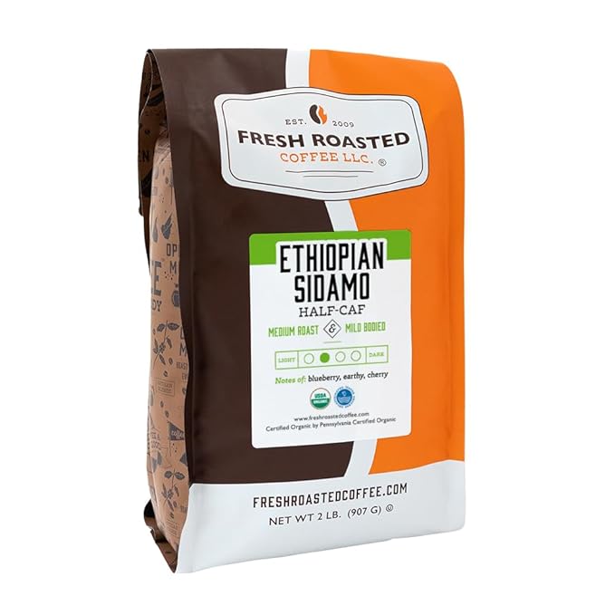Fresh Roasted Coffee, Organic Ethiopian Sidamo Water-Processed Half-Caf | USDA Organic, 100% Single Origin, Kosher | Medium Roast 2 lb (32 oz) Whole Bean