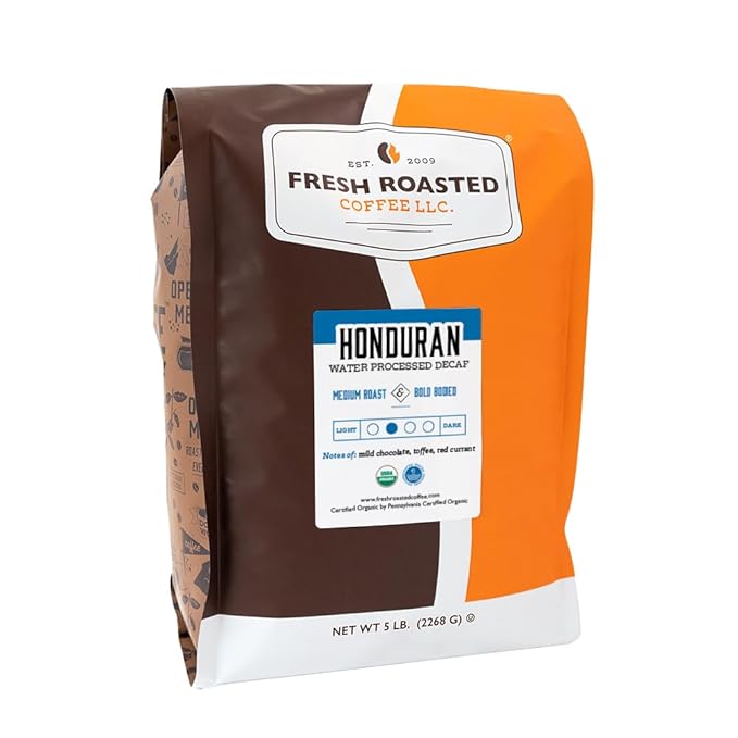 Fresh Roasted Coffee, Organic Honduran Water-Processed Decaf | USDA Organic, 100% Single Origin, Kosher | Medium Roast 5 lb (80 oz) Whole Bean