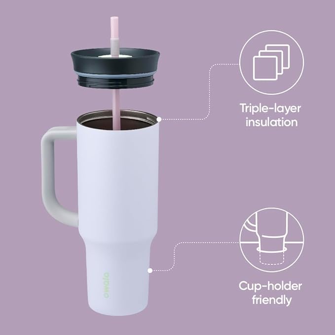 Owala Stainless Steel Triple Layer Insulated Travel Tumbler with Spill Resistant Lid, Straw, and Carry Handle, BPA Free, 40 oz, Purple (Bunny Hop) (Pack of 6)