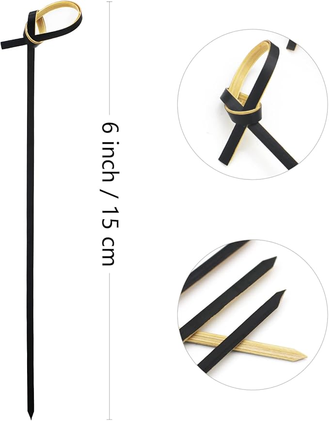 BLUE TOP Bamboo Cocktail Picks 100 PCS Black Bamboo Skewers 6 Inch with Looped Knot, Food Picks,Party Toothpicks for Appetizers,Cocktail Drinks,Barbecue Snacks,Club Sandwiches.