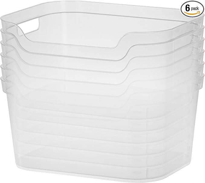 Sterilite 7 x 11 x 14.25 Inch Polished Open Scoop Front Storage Bin with Comfortable Carry Through Handles for Household Organization, Clear (6 Pack)