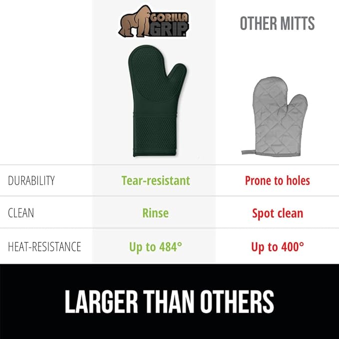 GORILLA GRIP BPA-Free Soft Silicone Oven Mitts, Heat Resistant and Waterproof Cooking Gloves, Thick Cotton Lining, Flexible Gripping for Baking Grilling, Kitchen Potholders Set, 12.5x8.3, Hunter Green