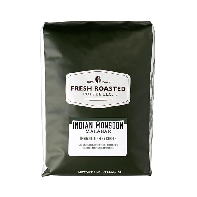 Fresh Roasted Coffee, Unroasted Indian Monsoon Malabar, Kosher, 5 Pound