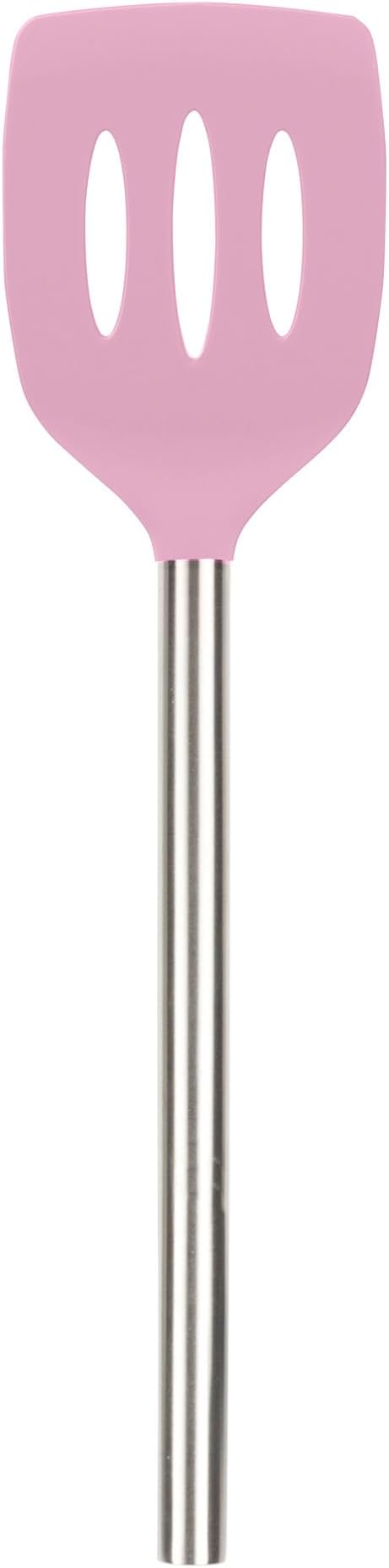 Tovolo Slotted Silicone Spatula Turner Slotted Stainless Steel Handle 10" Pink Sorbet Heat Resistant Non Toxic BPA Free Kitchen Utensil, Silicone Egg Pancake Flipper Metal Handle Turner for Cooking