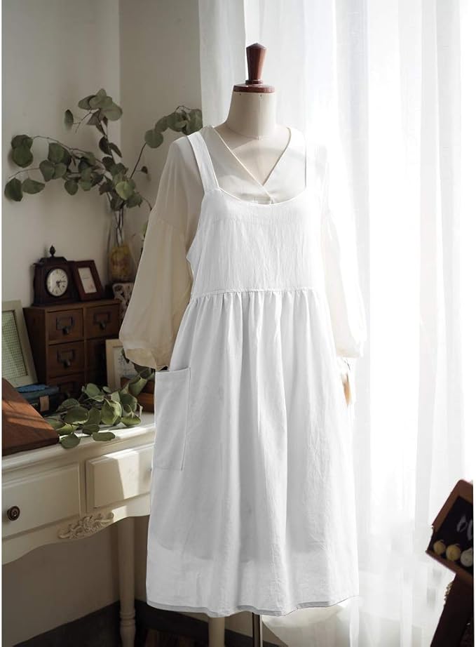 Uaussi Cotton Linen Apron Cross Back Work Apron for Women with Pockets Pinafore Dress X Cross Halter Apron for Chef Gardening