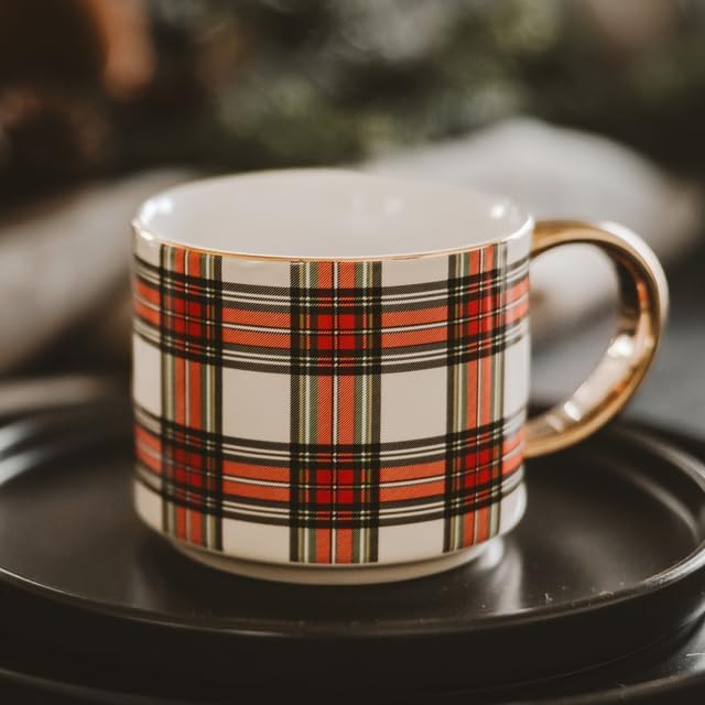 Sweet Water Decor White Plaid Coffee Mug, 14oz China Christmas Mug with Gold Handle, Large Holiday Winter Cup for Coffee, Tea & Hot Chocolate, Stocking Stuffer Gifts for Women
