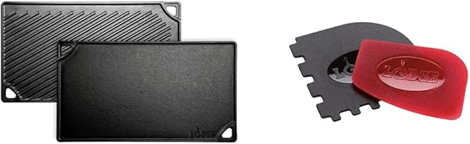 Lodge LDP3 Cast Iron Reversible Grill/Griddle (9.5" x 16.75") and Lodge Pan & Grill Scraper Set (2 Pieces)