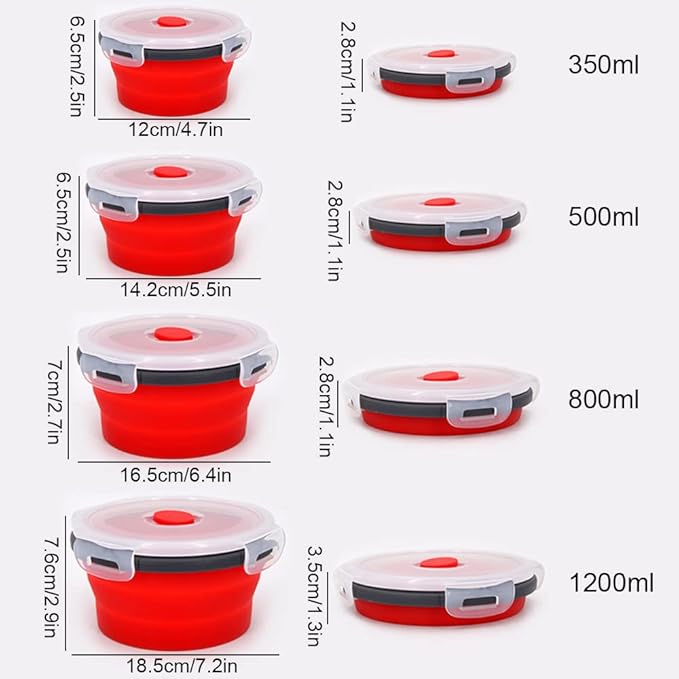 Guyuyii Collapsible Bowls with Lids – 4 Sizes Silicone Food Storage Containers for Camping, RV, and Home Use, with Airtight Leak-Proof Seal, Space-Saving Stackable, Microwave Freezer Dishwasher Safe