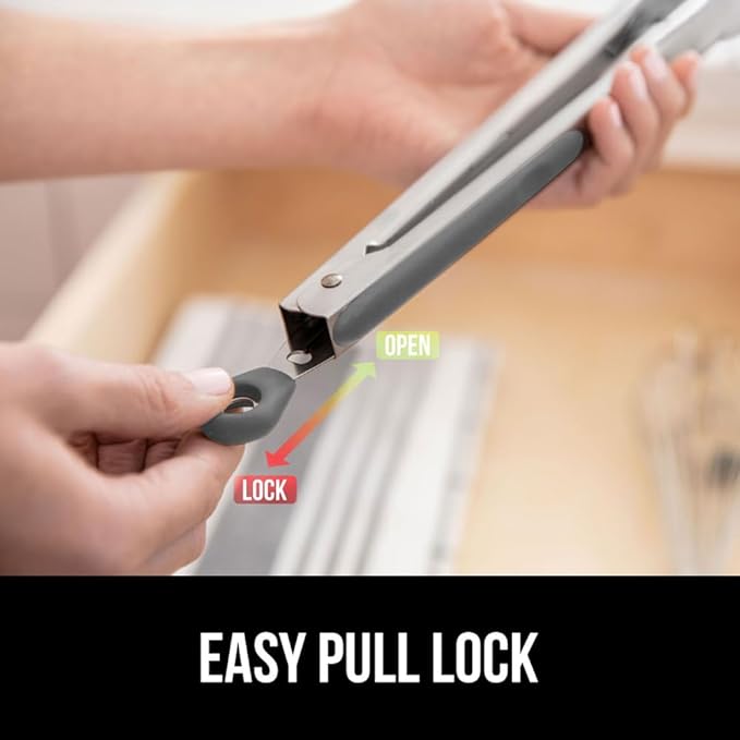 GORILLA GRIP Stainless Steel Heat Resistant Kitchen Tongs for Cooking, Set of 2 BBQ Tong, Non Scratch Silicone Tip for Pans, Strong Grip, Grab Food, Toss Salad, Air Fryer, Pull Lock, 7 + 9 Inch, Gray