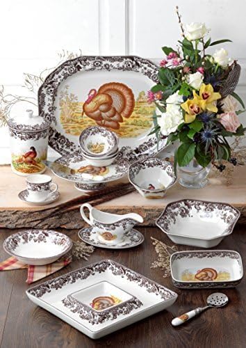 Spode Woodland 12" Square Chip and Dip - Turkey Centerpiece Serving Dish, Fine Porcelain Holiday Serveware, Thanksgiving Platter for Chips, Crudités, Shrimp - Dishwasher, Microwave Safe