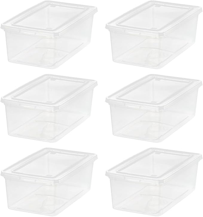 IRIS USA 6-Pack Storage Bins with Lids, 6 Quart - Crystal Clear, Shoe Boxes Stackable Containers Organize Shoes Closet Shelves, Teacher Tools Classroom Organization, Game - BPA-Free Plastic