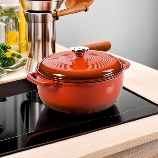 Lodge 7.5 Quart Enameled Cast Iron Dutch Oven with Lid – Dual Handles – Oven Safe up to 500° F or on Stovetop - Use to Marinate, Cook, Bake, Refrigerate and Serve – Poppy