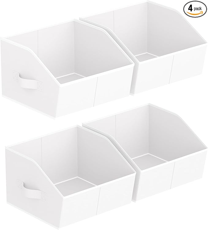 Storage Bins for Shelves - Small Trapezoid Closet Shelf Organizer, Fabric Organization Bins with Handles, Storage Baskets for Clothes, Towel, Purse, 4 Pack, White