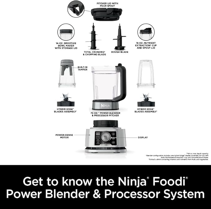 Ninja Blender For Kitchen | Food Processor Combo System | Smoothie Maker & Nutrient Extractor | 6 Functions for Bowls, Spreads, Dough, Shakes | 72-oz. Pitcher & To-Go Cups | Silver | SS351