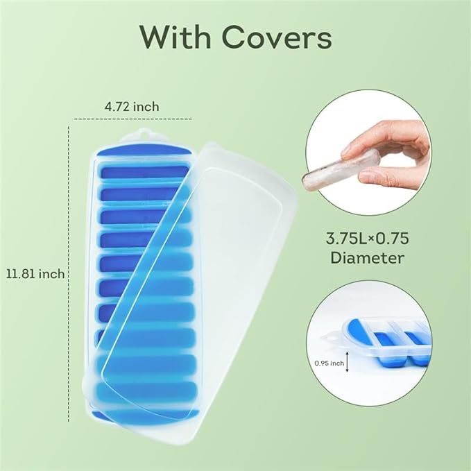 Lily's Home Silicone Ice Cube Tray with Lid Set of 2, BPA-Free, Ideal for Water Bottles & Sports Bottles, Flexible & Stackable Design for Quick Release, Ice Cube Trays for Freezer(11.81"*4.72"*0.95")