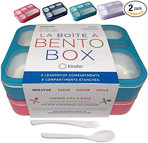 6 Compartment Lunch Boxes. Bento Box Lunchbox Containers for Kids, Boys Girls Adult. BPA-Free Microwave Safe School Bentobox Meal Planning Portion Container. Leakproof. Set of 2 Blue & Pink Kits