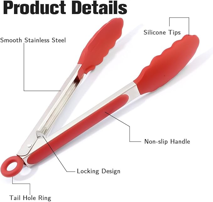 Kitchen Tongs 2 Pcs Tongs for Cooking 7 Inch 9 Inch Red Silicone Tongs Stainless Steel Locking Food Tong with Non-Slip Silicone Tips Heat Resistant Serving Tong for BBQ Grilling Salad Kitchen Utensil