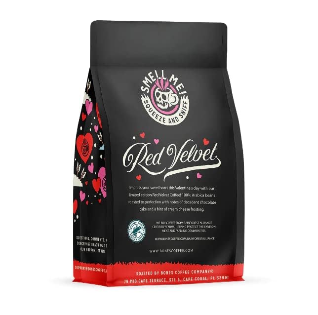 Bones Coffee Company Red Velvet, Red Velvet Cake Flavored Coffee, Medium Roast Low Acid Arabica Beans Compatible with Auto drip and French Press Coffee Maker, 12 Oz Whole Bean
