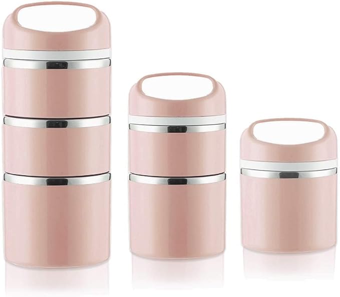 Lille Home Stackable Stainless Steel Thermal Compartment Lunch/Snack Box, 3-Tier Insulated Bento/Food Container with Lunch Bag, Utensils Set and Three Extra Seals, 43OZ (Gold)
